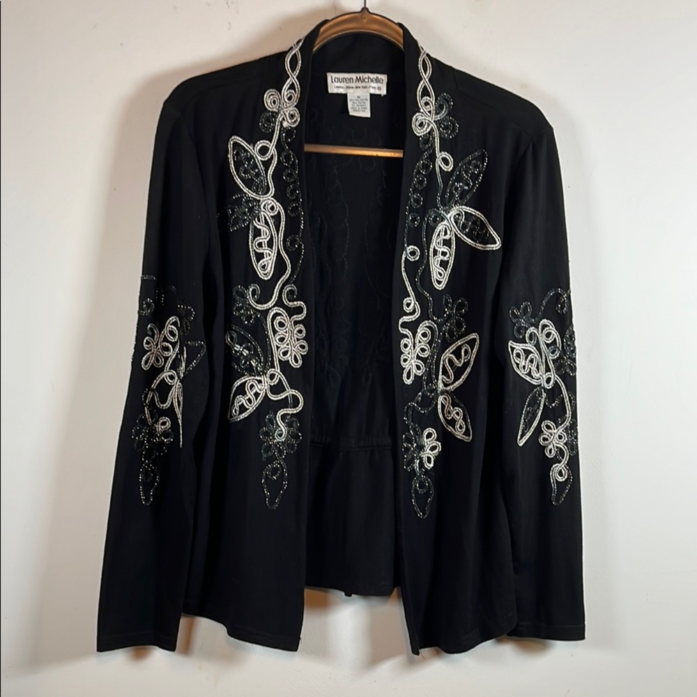 Lauren Michelle Open Front Cardigan Jacket Black with Silver Floral Embroidery M